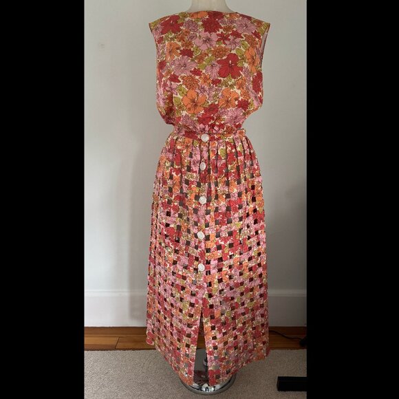 NWT Coco Shop Set Basket Skirt Crop Top Red Pink Floral Grid Squares Maxi S - Picture 1 of 5